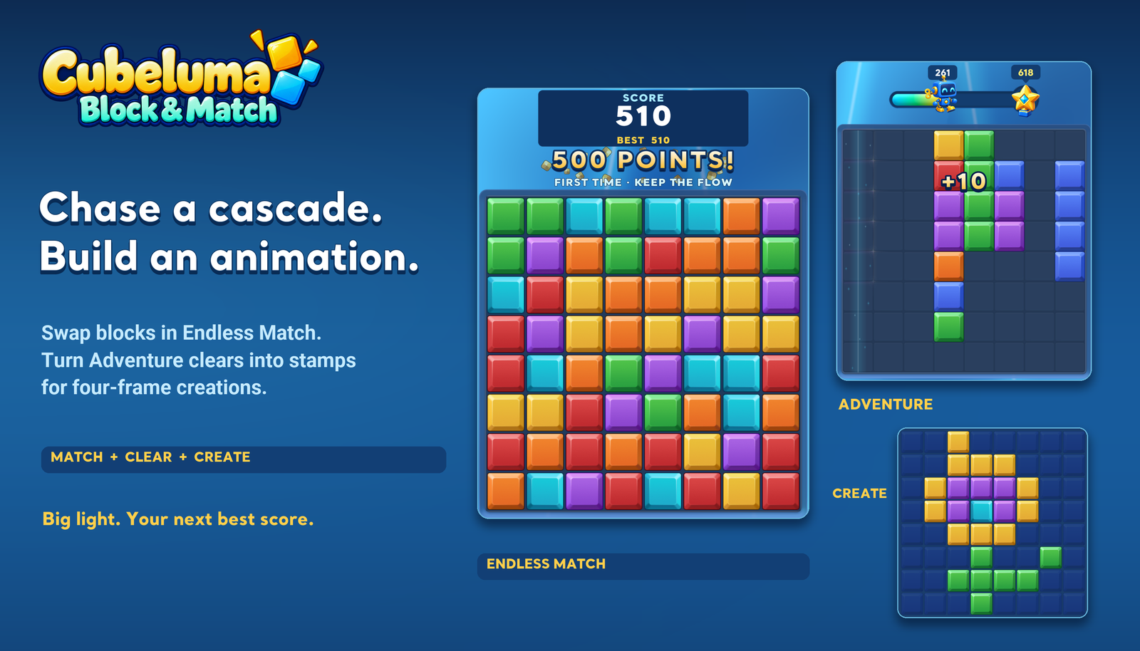 Actual Cubeluma gameplay: Endless Match, a robot score goal and Block Studio.