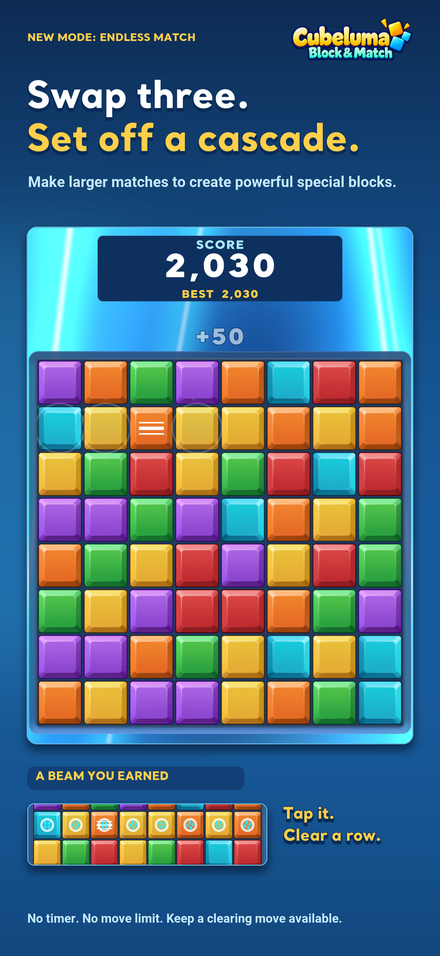 Endless Match with colorful blocks and a beam special.