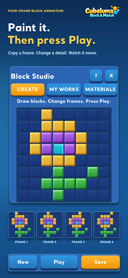 A flower drawn in Block Studio with four animation frames.